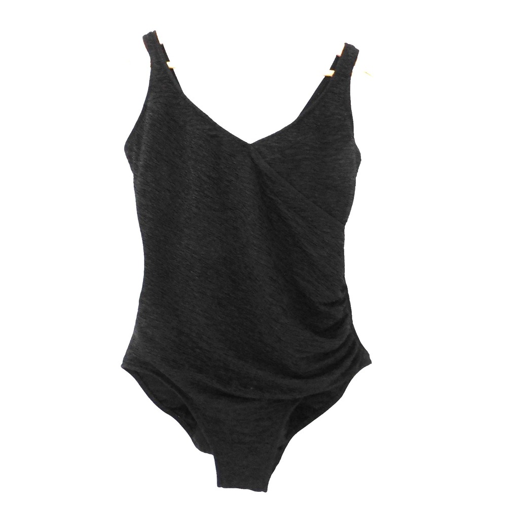 Penbrooke Krinkle Size 16 Black Faux Wrap One-Piece Swimsuit